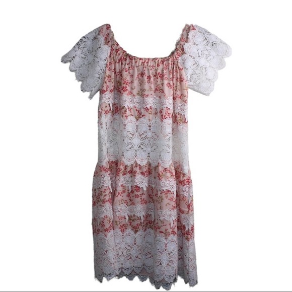 For Love and Lemons Mini Dress Off Shoulder Tiered Lace Floral Pattern Small - Picture 2 of 9